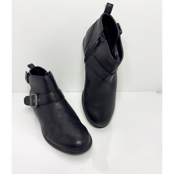 Vionic Shoes - Vionic Logan Ankle Boot Women 7.5 Black Leather Side Zip Silver Buckle Moto
